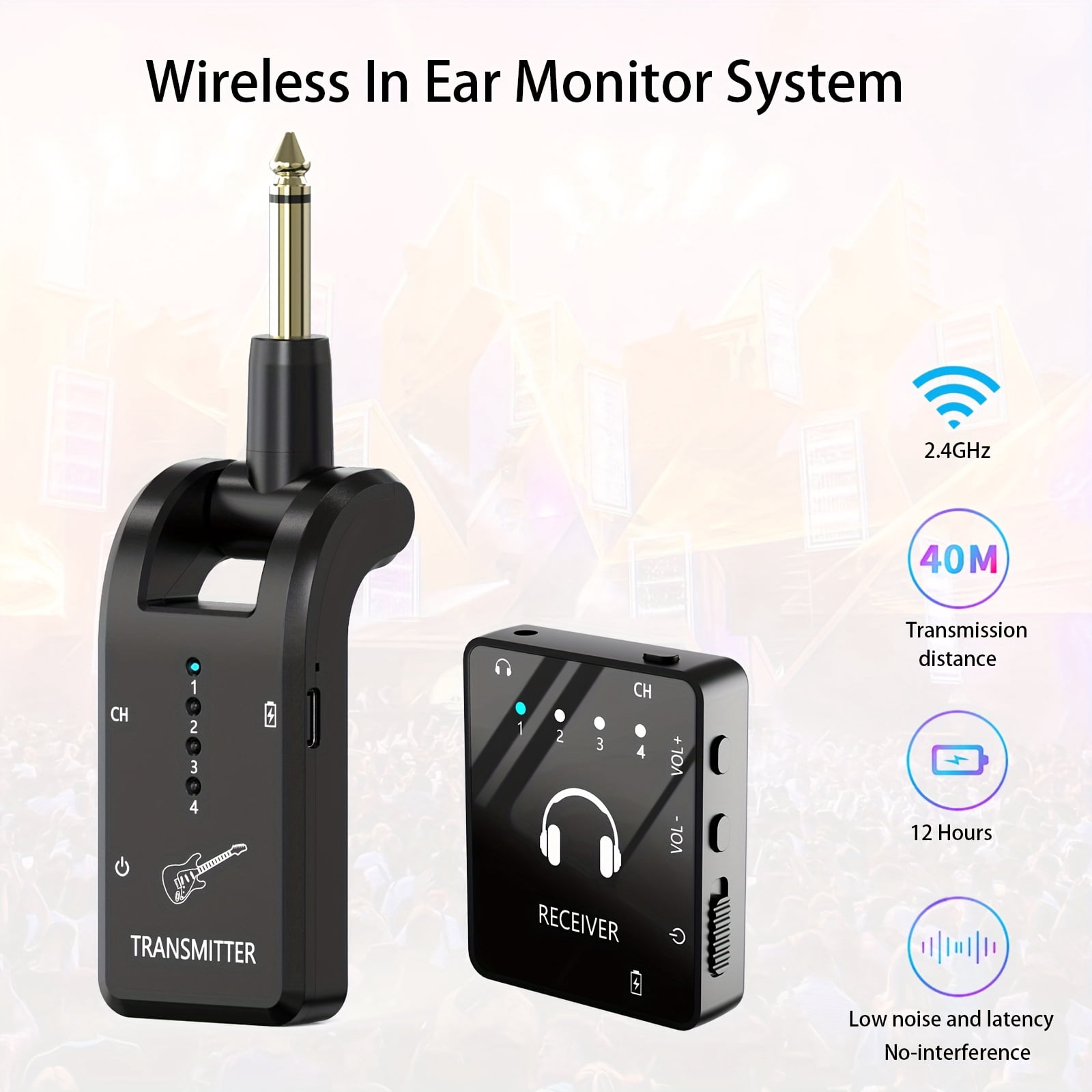 Wireless In-Ear Monitor System with IEM and Transmitter Clip Receiver, Can Be Paired Automatically, for Earphones, Guitars, DJ, Live Performance Supervision