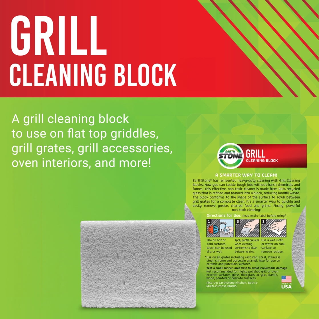 (3 pack) EarthStone Grill Cleaning Block, the Environmentally Friendly Grill Cleaner, 1-Pack