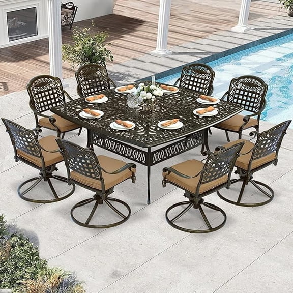W WARMHOL 9 Piece Outdoor Patio Dining Set for 8, Cast Aluminum Large Square Dining Table & 4 Swivel Rocker Chairs, 4 Stationary, 8 Cushions, Umbrella Hole, Patio Furniture Set for Garden, Khaki