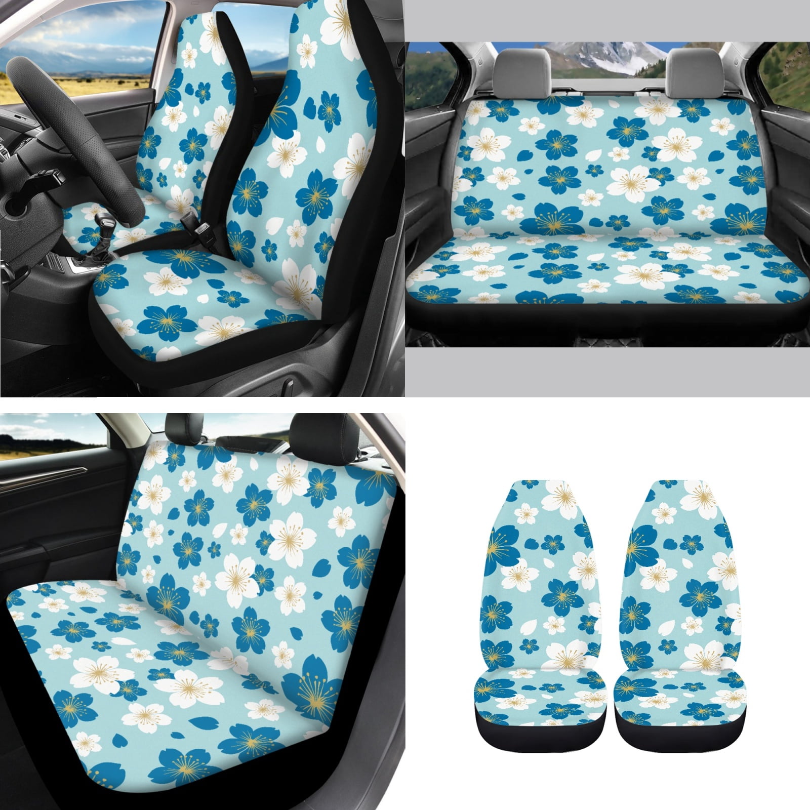 Yuyamidu Blue Flower Car Seat Covers Cute Steering Wheel Cover Seat Belt Cover Cup Holders Garbage Can Car Center Console Pad Handbrake Cover Gear Shift Knob Cover Rearview Mirror Cover, Pack of 14