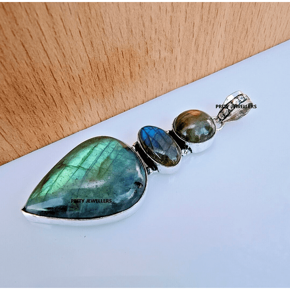 Natural Labradorite 925 Sterling Silver Pendant, 2.7" Handmade