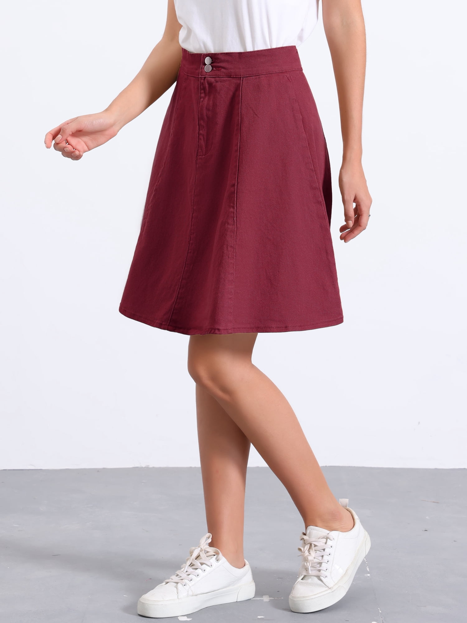 DARING DIVA Women's High Waist Stretch Knee Length Flared Jean Skirts M Dark Red