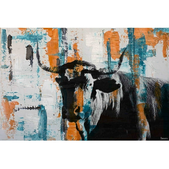 "Orange Teal Steer" Painting Print on Wrapped Canvas