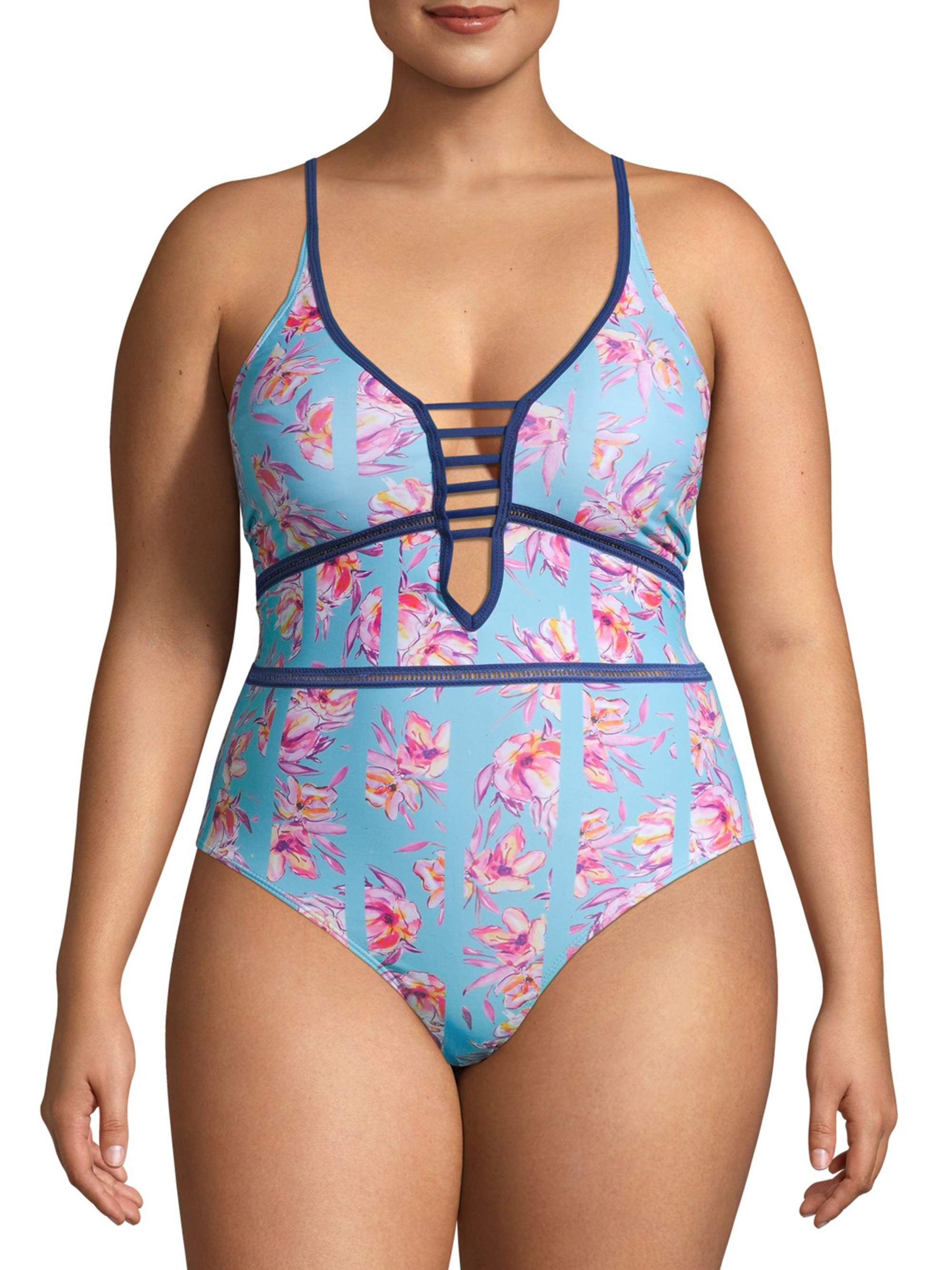 XOXO Women's Plus Size Plunge Neck One-Piece Swimsuit - Walmart.com