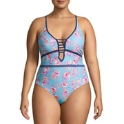 XOXO Women’s Plus Size Plunge Neck One-Piece Swimsuit