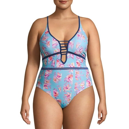 XOXO Women’s Plus Size Plunge Neck One-Piece Swimsuit