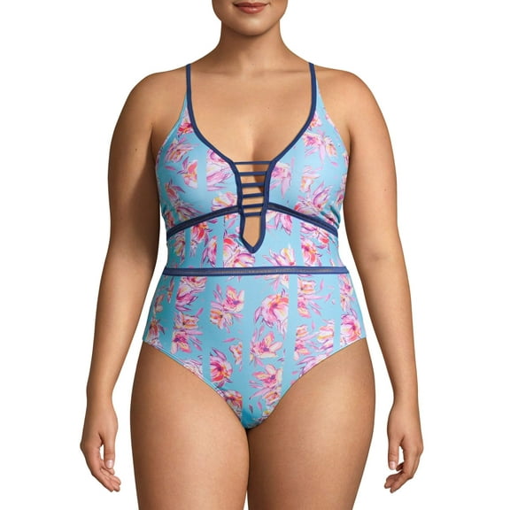 XOXO Women’s Plus Size Plunge Neck One-Piece Swimsuit