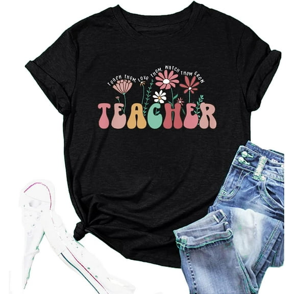Teacher Shirts Women Flower Teacher Graphic Tee Back to School Teaching Tshirt Kindergarten Teachers Gift T-Shirt