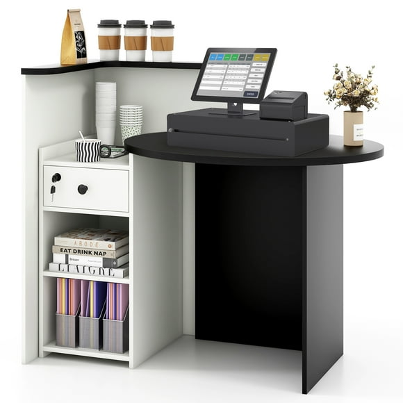 Giantex Reception Desk, Computer Workstation w/Lockable Drawer & Open Shelves, Checkout Counter, Black & White
