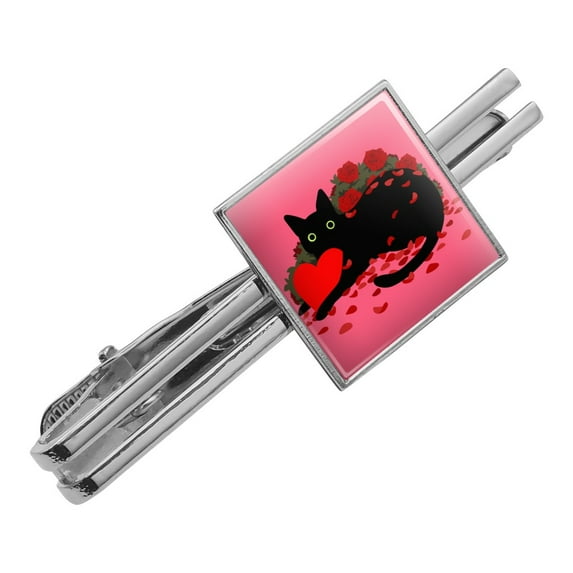 Black Cat Valentines Heart Rose Petals Love Square Tie Bar Clip Clasp Tack- Silver or Gold