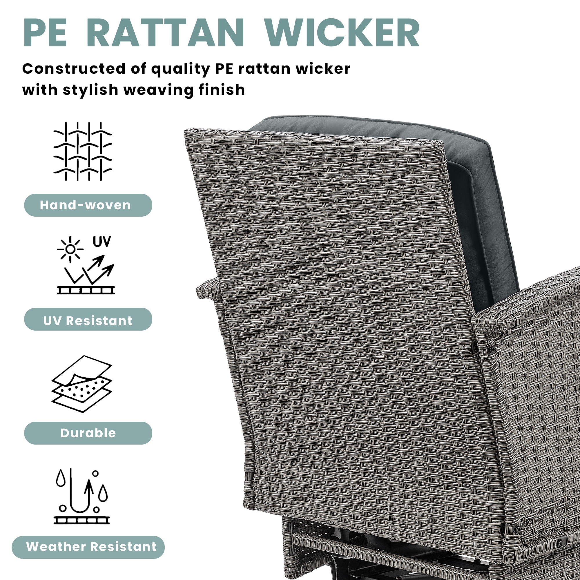 3pcs Patio Furniture Set on Sale, Rattan Outdoor Conversation Set of 2, Patio Bistro Set w/ 360° Swivel Rocking Chairs & Table, Gray Thickened Cushions