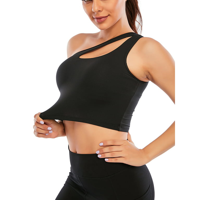 Women's One Shoulder Sports Bra Removable Pads One Strap Sleeveless Crop  Top Wirefree Sexy Cute Medium Support