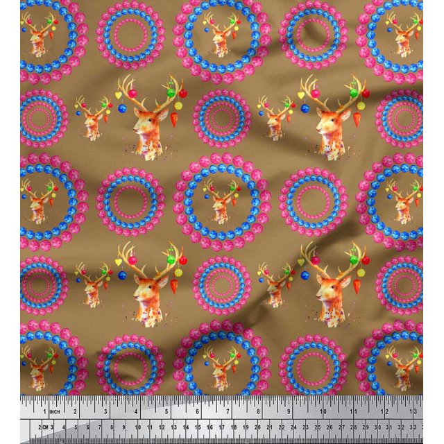 Soimoi Brown Poly Georgette Fabric Circles & Elk Mount Face Print Sewing Fabric Yard 42 Inch Wide