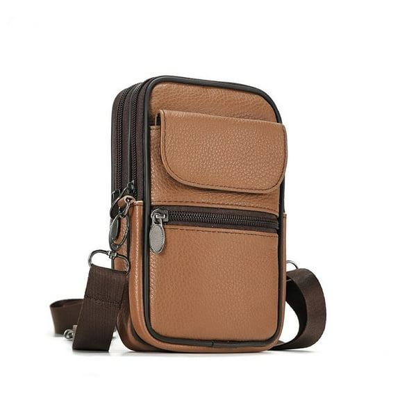 Genuine Leather Waist Bag Gift for Man Small Crossbody Shoulder Bag Business Belt Pouch Pocket Fannypack Zipper Coin Purse Male Wallet Sport Run Phone Money bag Vertical Multifunctional Messenger Bag