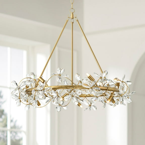 Possini Euro Design Carrine 31 1/2" Modern Pendant Chandelier Ceiling Light Fixture Dining Room Over Table Flower Soft Gold Finish Crystal
