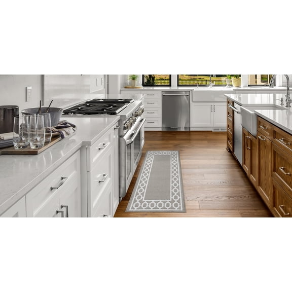 Washable Skid-Resistant Runner Rug, Trellis Border, Light Grey and White, 26" x 60"