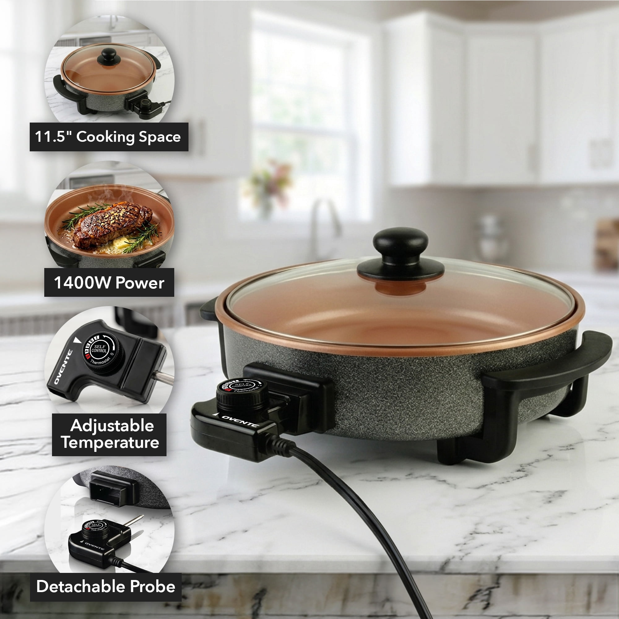 OVENTE 11.5-Inch Electric Skillet, 1400W Nonstick Pan, Copper SK11112CO | Adjustable Temperature Control, Tempered Glass Lid with Steam Vent, Cool-Touch Handles, Easy to Clean Design