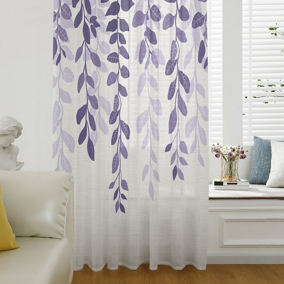 Purple Ombre Botanical Semi Sheer Curtains Drapes for Living Room,Bedroom,French Doors Window 45 Inches Long,Watercolor Pastoral Leaf Farmhouse Rod Pocket Chiffon Curtain Drapery Voile Drape Panel