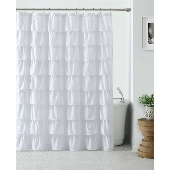 Shabby Ruffled Fabric Shower Curtain - White