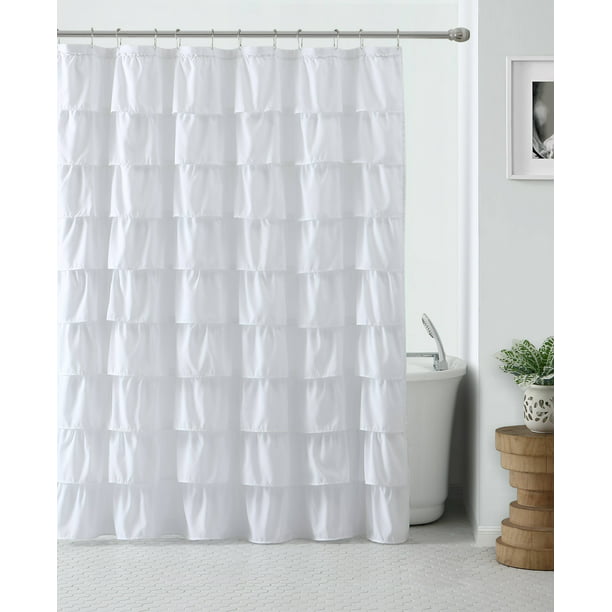 Shabby Ruffled Fabric Shower Curtain White