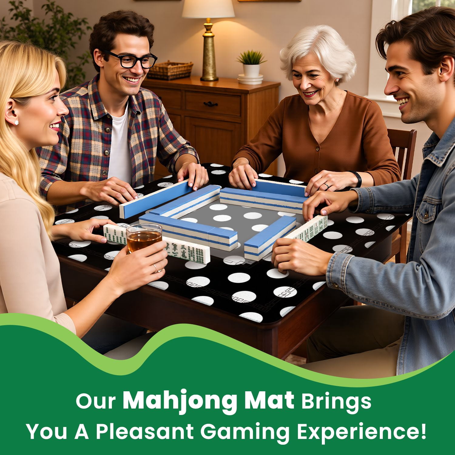 Mahjong Mat 31.5" x 31.5" Seamless black polka dots white Non-Slip Noise Reduction American Mahjong Tiles Table Cover for Dominoes Poker Card Board Games Gift
