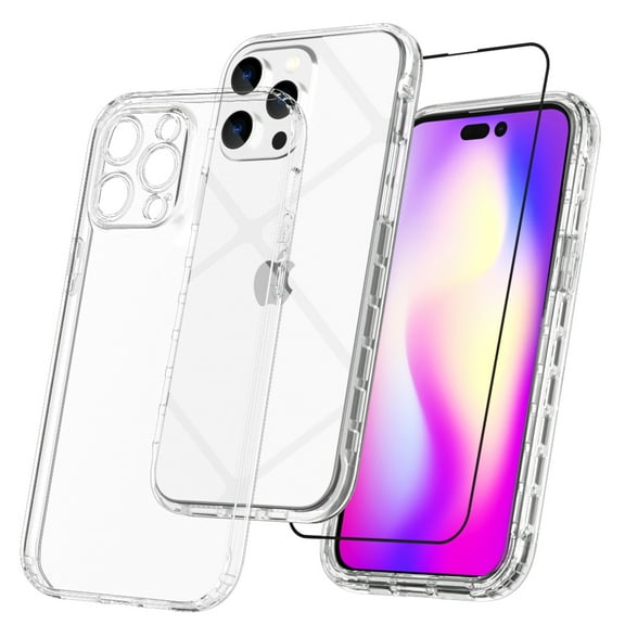 Xhy iPhone 14 Pro Case with Screen Protector 2 in 1 Reinforced Bumper Protection Anti Scratch Transparent Shockproof Durable Non-Yellowing Crystal Clear Case for iPhone 14 Pro 6.1 inch 2022 Phone