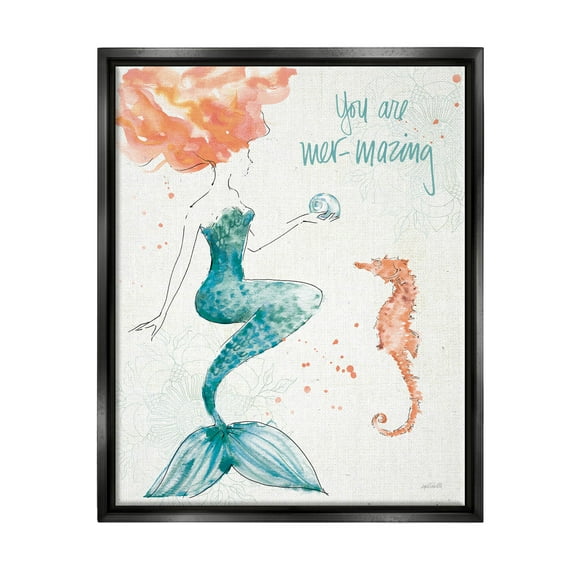 Stupell Industries Mer-Mazing Uplifting Mermaid Phrase Graphic Art Jet Black Floating Framed Canvas Print Wall Art, Design by Anne Tavoletti