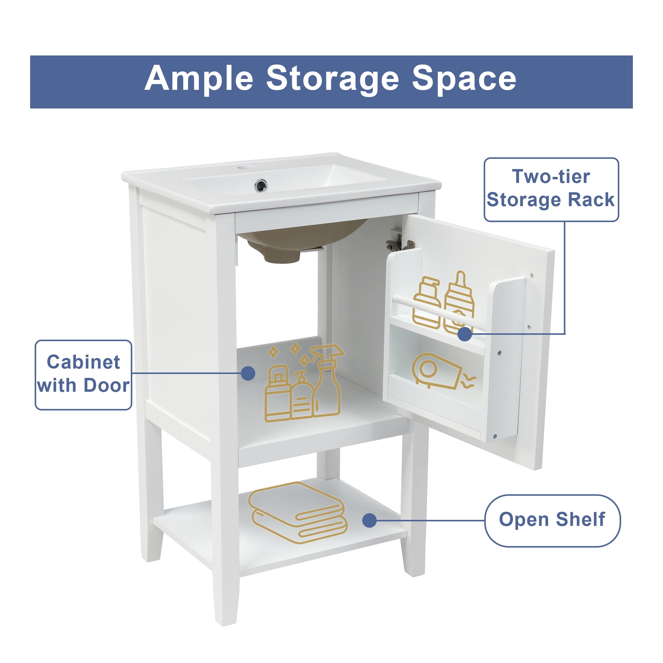 GDF Studio 20" Bathroom Vanity with Sink, Soft Closing Door, Storage Rack and Open Shelf, White