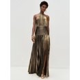 thumbnail image 2 of Women'S Luxury Metallic Pleated Slit Tie Halter Sleeveless Elegant Pleated Maxi Dress Ancient Gold M, 2 of 6