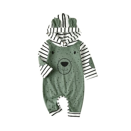 

Lamuusaa 2023 Cotton Newborn Cartoon Rompers Dots Stripe Hooded Long Sleeves Jumpsuits with Buttons for Toddler Girls Boys Green