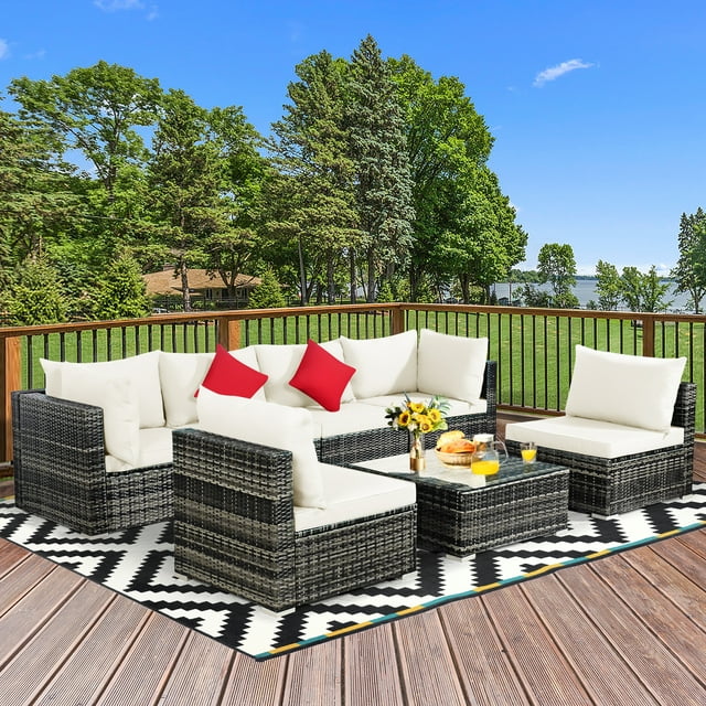 Gymax 7PCS PE Rattan Patio Sectional Sofa Conversation Set w/ White Cushions