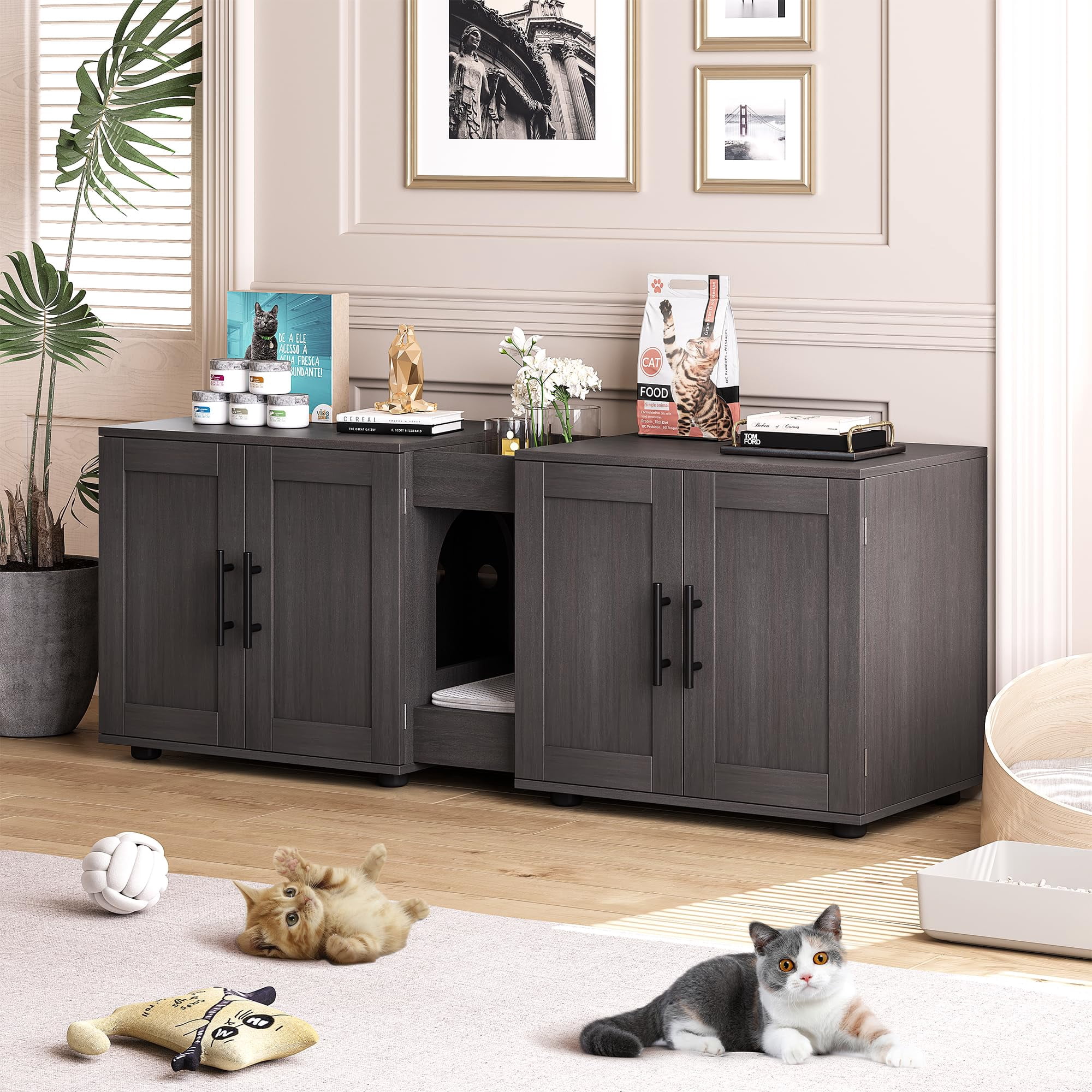 Cat Litter Box Enclosure for 2 Cats, 55" Hiddden Litter Box Enclosure Furniture 3-in-1 Wooden Litter Cabinet with Barn Door & Double Rooms for Bedroom Living Room