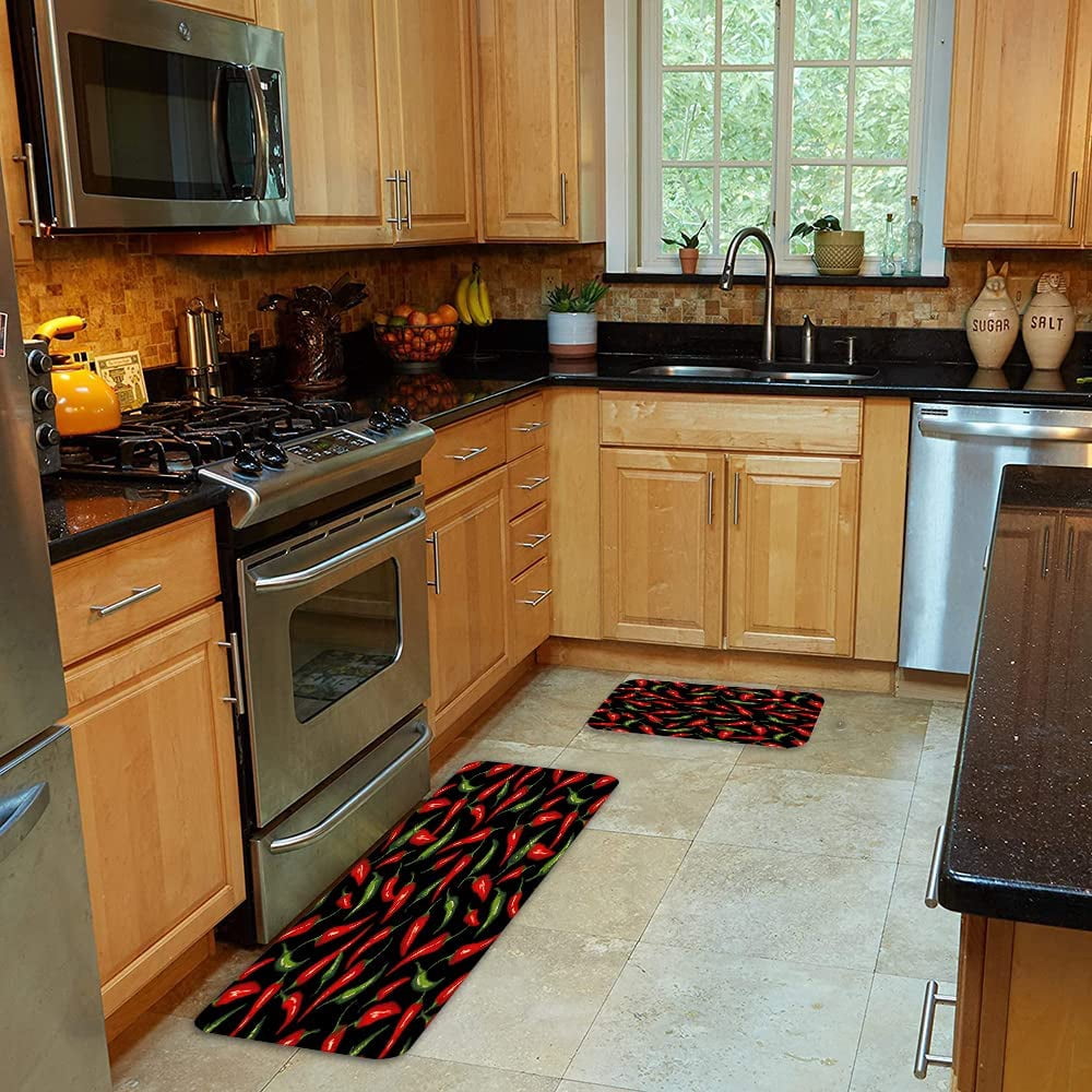 Chili Pepper Kitchen Rug Sets 2 Pieces Chili Peppers Comfort Mat Cushioned Floor Mats Washable Doormat 17.7inch X 47.2inch + 17.5inch X 29.5inch