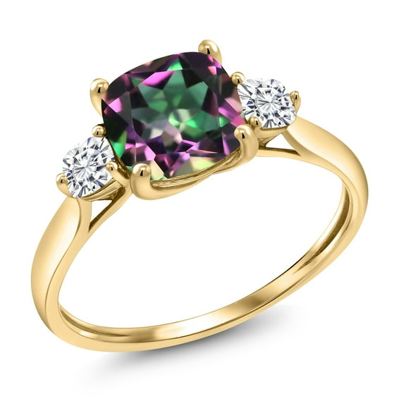 Gem Stone King 10K Yellow Gold Green Mystic Topaz and White Moissanite 3-Stone Engagement Ring for Women | 2.26 Cttw | Cushion 7MM | Gemstone November Birthstone | Available in Size 5, 6, 7, 8, 9