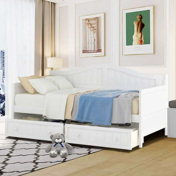 Aukfa Solid Wood Daybed with Storage Drawers, Twin Bed Frame - White