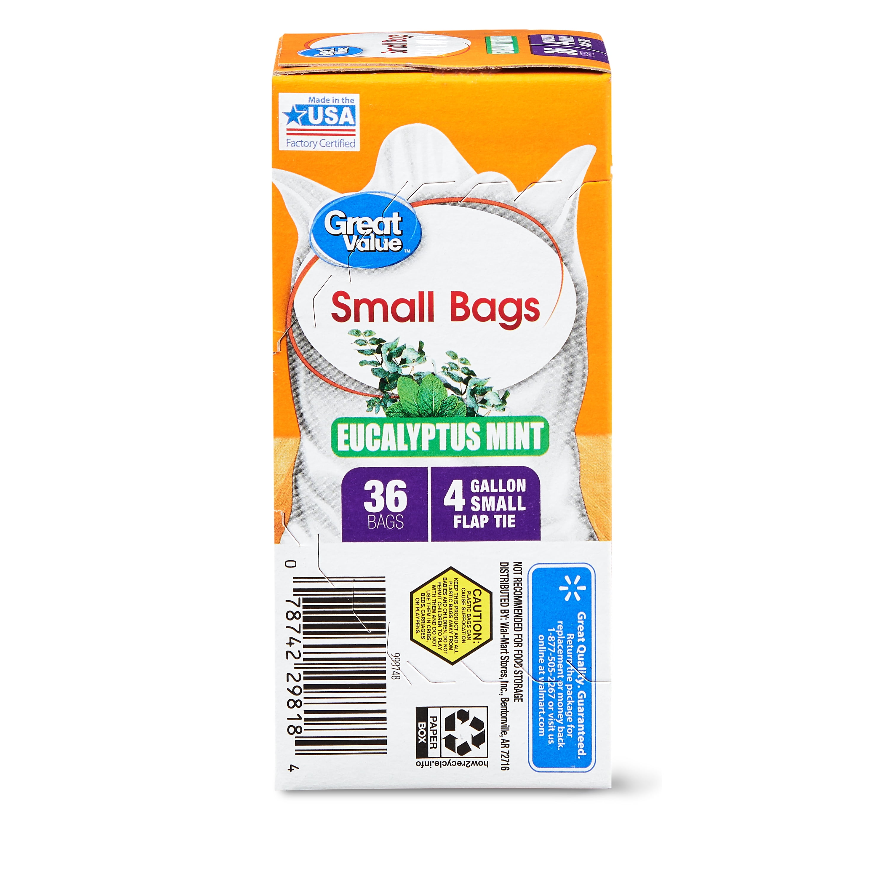 Great Value 4 Gallon Eucalyptus Mint Scent Small Trash Bags, 36 Pack