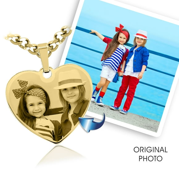 Photos Engraved - Custom Photo Engraved Small Heart Pendant in Gold IP Plated Stainless Steel - Free reverse side engraving - 18 in chain included - W-SHST-IP