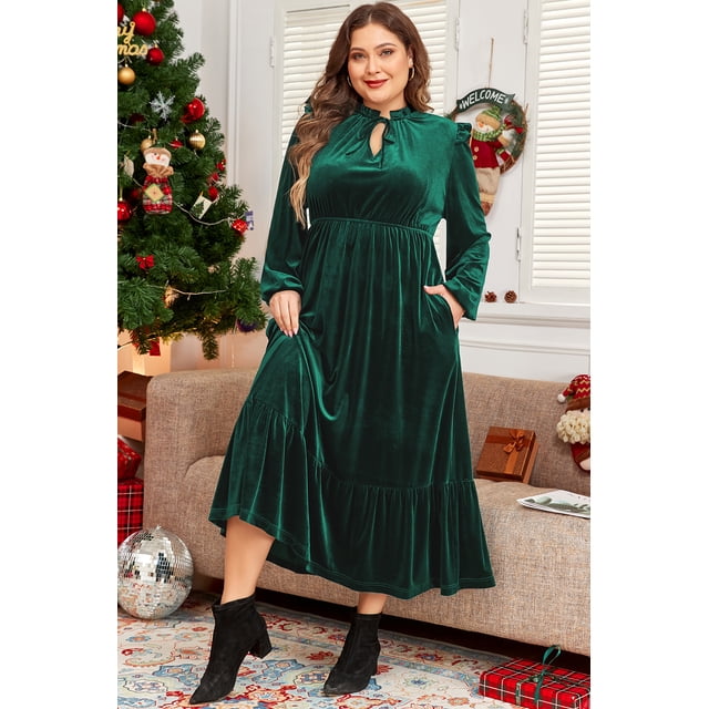 FOLUNSI Jupe Midi en Velours Col en V Grande Taille - Tons Verts