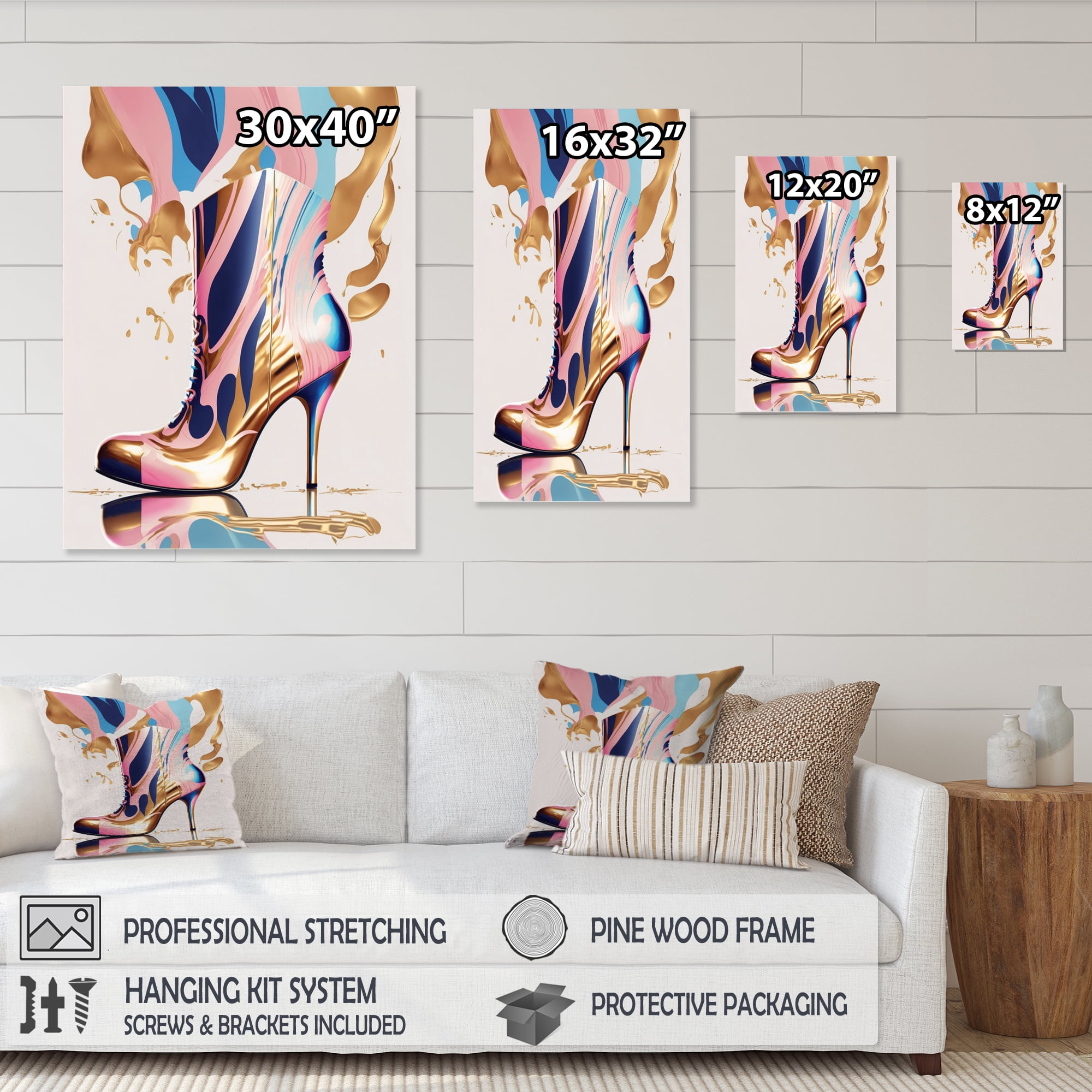 Designart Pink And Blue Art Deco High Heel Boots III Canvas Wall Art