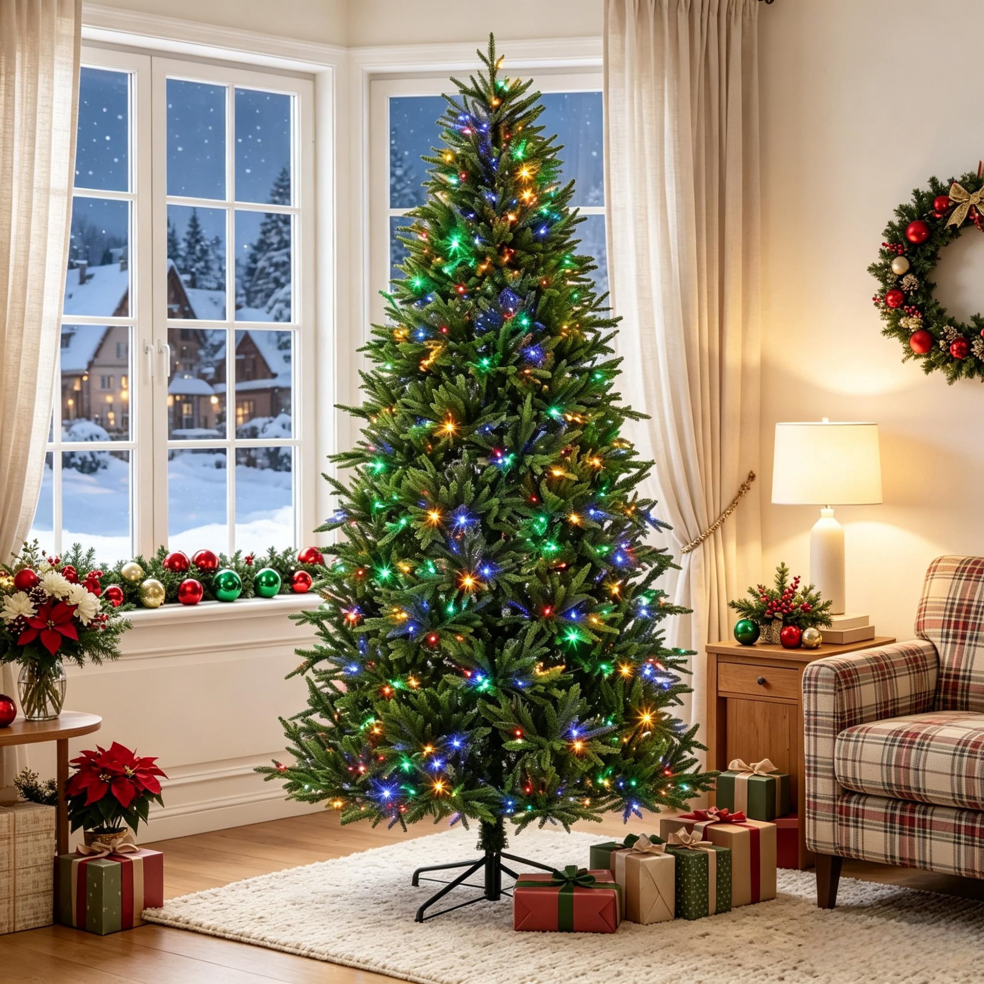 6 ft Pre-Lit Christmas Tree with 320 LED Lights, 11 Lighting Modes, Remote Control, 732 PE Tips, Hinged Assembly, Metal Stand