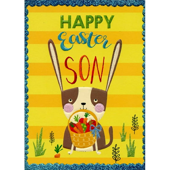 Pictura Brown and White Rabbit with Basket of Carrots and Eggs Easter Card for Son