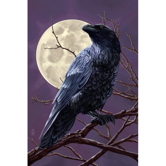 Raven and Moon at Night (12x18 Wall Art Poster, Room Decor)
