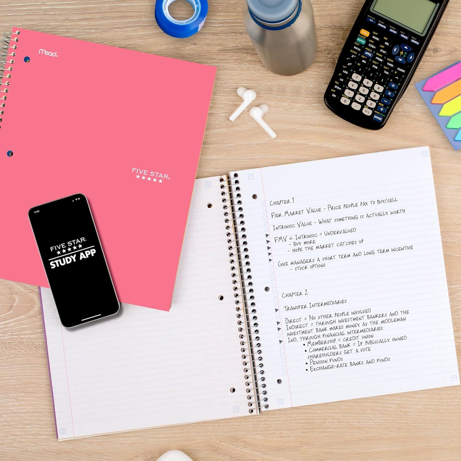 General Spiral Notebook + Study App, 5 Subject, College Ruled Paper, 8-1/2" x 11", 200 Sheets, Fights Ink Bleed, Water Resistant Cover, Prom Pink (820004R)
