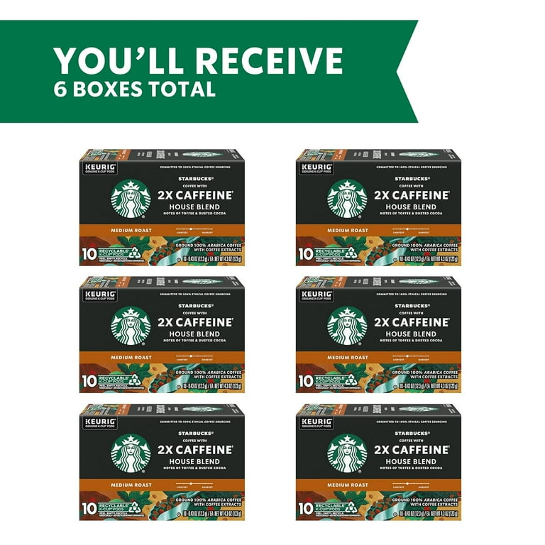 Starbucks K-Cup Coffee Pods, Medium Roast Coffee With 2X Caffeine House Blend, 100% Arabica, 6 Boxes (60 Pods Total)