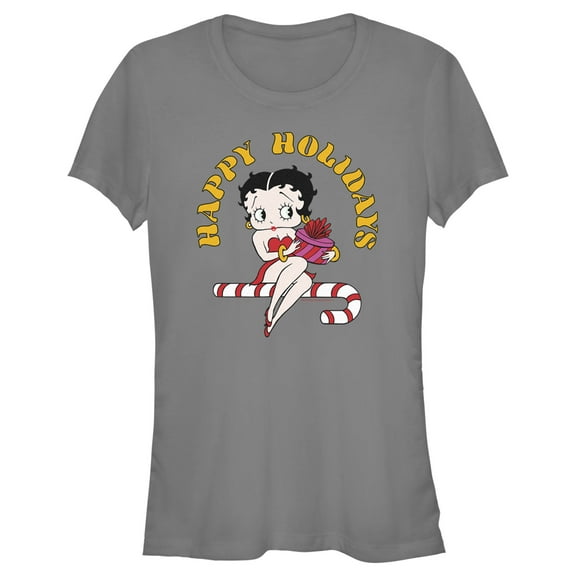 Junior's Betty Boop Happy Holidays Candy Cane  Graphic Tee Charcoal Medium