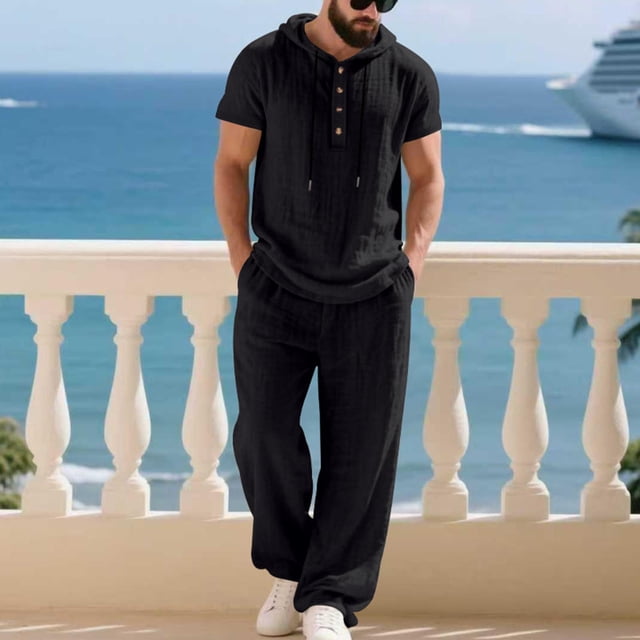 Ceisia Men's Loose Fit Cotton-Linen Like 2-Piece Set Hooded Short Sleeve Shirt with Elastic Waist Wide Leg Pants Gifts