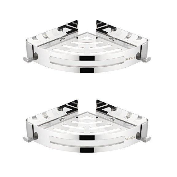 ACDANC Stainless Steel No Drill Triangular Corner Shower Caddy With 4 Hooks,Self Adhesive Rustproof Bathroom Shelf Corner Shower Shelf,2 Pieces Silver