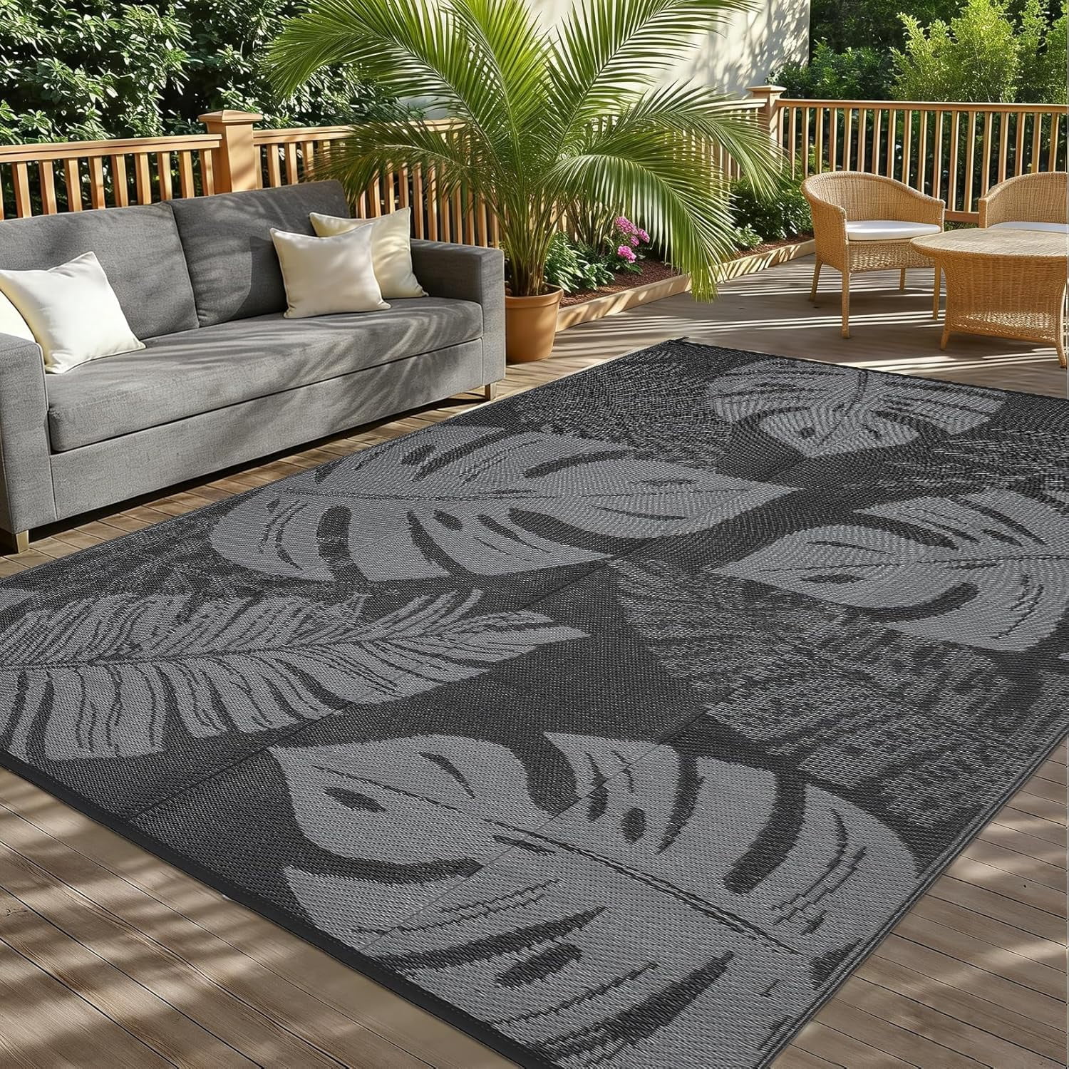 Funslane Outdoor Rug 8' x 10', Waterproof Plastic Straw Mat, Foldable & Reversible, Indoor Outdoor Rugs for Patio, Deck, RV, Beach, Picnic, Black/Gray
