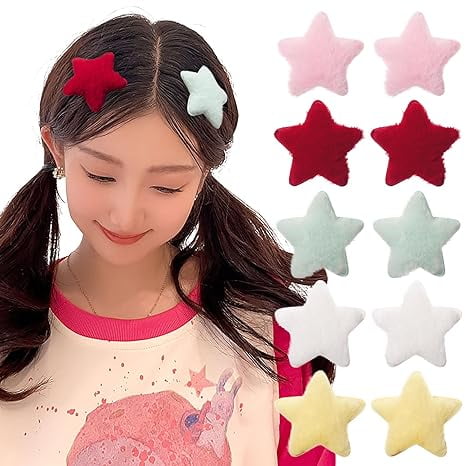 10 pinzas para el pelo con forma de estrella esponjosa, lindas pinzas para el pelo, antideslizantes, para niñas y mujeres, pequeñas pinzas para el pelo Y2k, rojo, verde claro, amarillo, blanco, rosa,