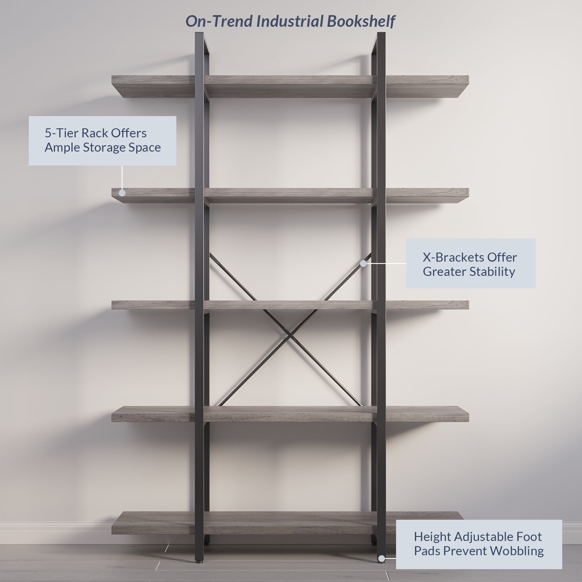 BELLEZE 5 Tier Modern Rustic Industrial Bookshelf - Hazel (Gray Wash)